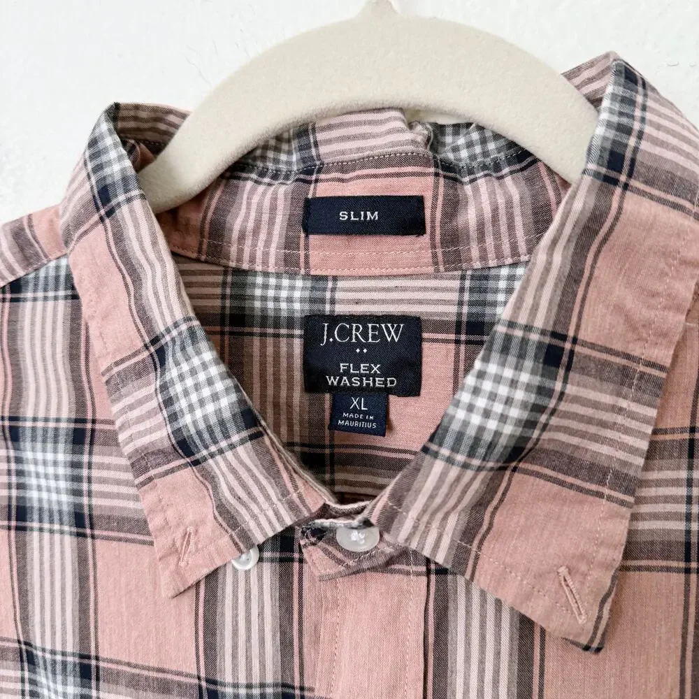 [J. Crew] Pink Plaid Print Slim Fit Flex Washed Button Down Shirt Cotton Size XL